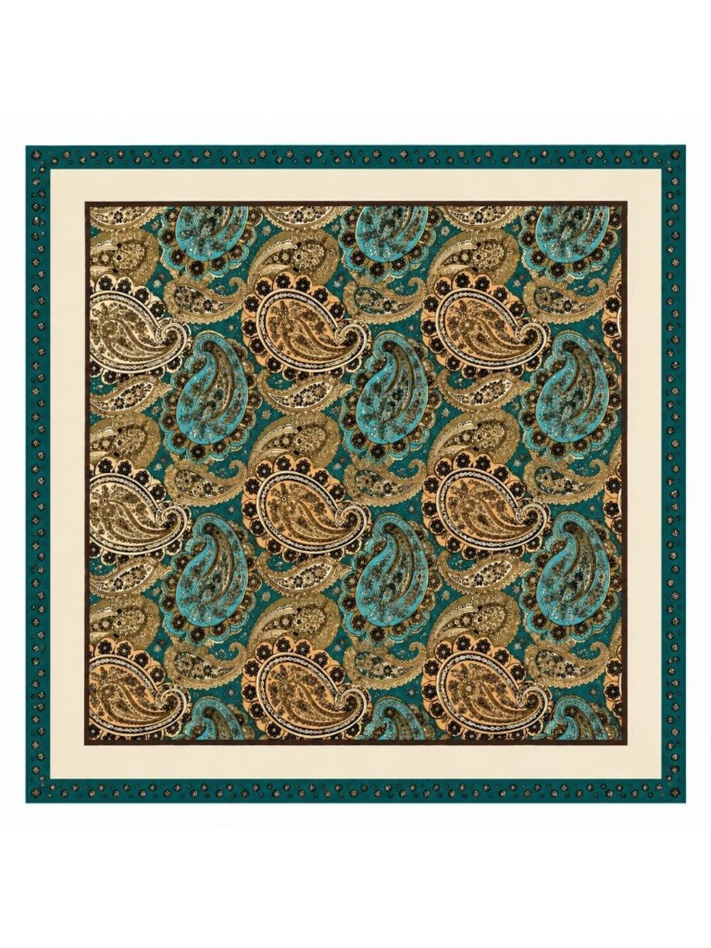 Paisley Satin Square Scarf 35x35 Teal Cream Gold Head Scarf Hair Scarf Neck Scar